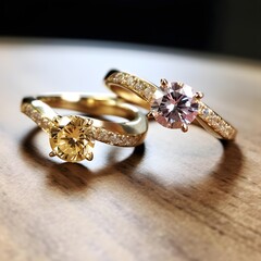 Close up of two gold wedding rings with diamonds on a wooden table
