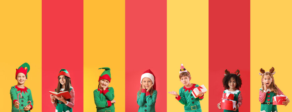 Naklejki Collage of little children in elf costumes on yellow and red backgrounds. Christmas celebration