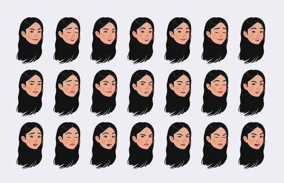 Asian girl, korean woman bundle, black hair emote set. Brunette female head, emotional facial expressions. Different face icons, positive, negative emotion pic. Vector cartoon on white background
