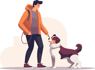 Happy person walking their dog  flat illustrations vector