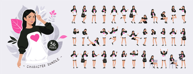 Asian girl, korean woman in oversized crewneck, pretty female character set. Youth fashion bundle, loose sweatshirt and shorts casual wear. Social media, korea style, beauty kit. Vector cartoon