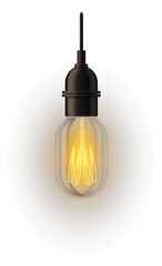 Vintage light bulb hanging from ceiling. Realistic edison lamp