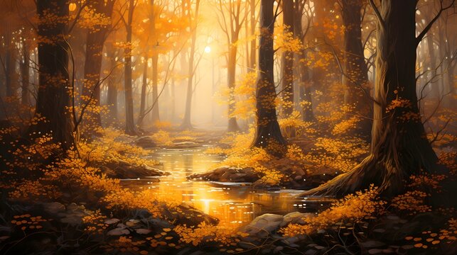 Mysterious autumn forest at sunset. Panoramic image.