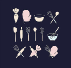 Linear bakery tools pastry bag, potholder, bowl, whisk, spoon, rolling pin, spatula drawing in pen line style on black background
