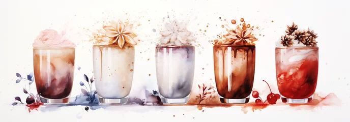 Deurstickers Festive glasses of hot cocoa and coffee with holiday decorations on isolated white background. © LanaUst