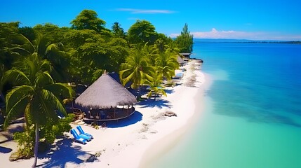 Beautiful panoramic aerial view of tropical beach with palm trees