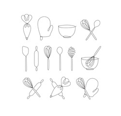 Linear bakery tools pastry bag, potholder, bowl, whisk, spoon, rolling pin, spatula drawing in pen line style on white background