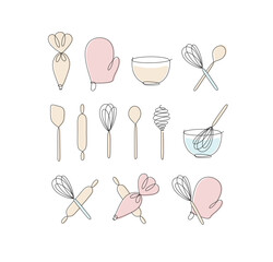 Linear bakery tools pastry bag, potholder, bowl, whisk, spoon, rolling pin, spatula drawing in pen line style on light background