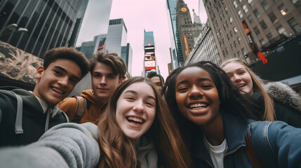 Selfie of young smiling multinational, Multi Ethnic teenagers having fun together. Best friends taking selfie outdoors in the big New Yourk city. Happy young people having fun and travel together.