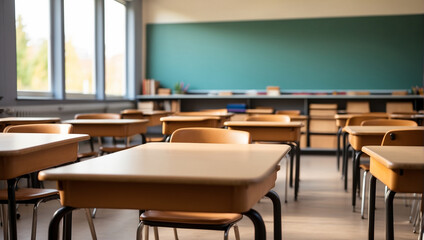 Empty teacher's study table with defocused background in the classroom