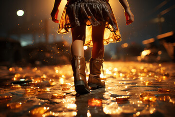 Girl dancing in a sequin dress and roller boots at sunset. Generative Ai. - obrazy, fototapety, plakaty