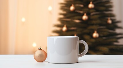 an empty round white ceramic mug against a modern minimalist Christmas tree background, ideal for holiday-themed marketing and design.