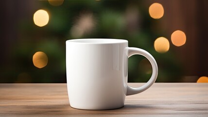 an empty round white ceramic mug against a modern minimalist Christmas tree background, ideal for holiday-themed marketing and design.