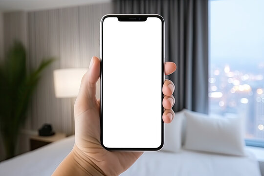 Hand holding smartphone with blank white screen, new apartment or hotel room on background. App to find apartments and houses to buy and rent. Mortgage, home loan. Copy space. Generative AI