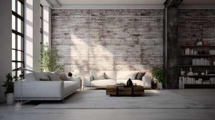 an indoor space with a striking white wall, a textured brick back wall, and sleek black tile flooring, perfect for modern interior design concepts.