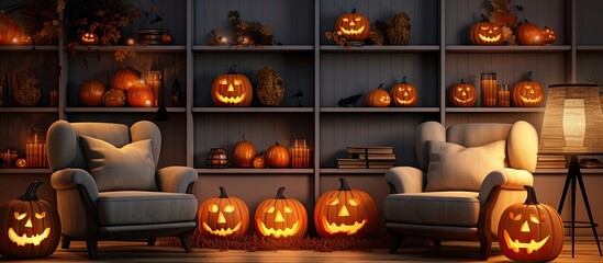 Halloween party with lanterns and pumpkins in a modern classic style Artificial Intelligence render