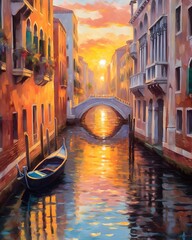 Digital painting of a bridge over a canal in Venice Italy during sunset