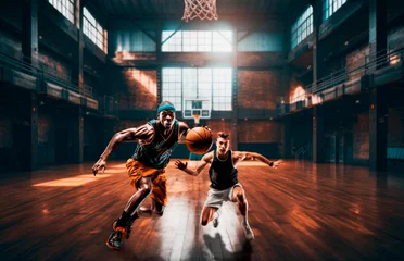Fotobehang two sporty athletes playing basketball indoors © oscargutzo