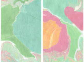 Ink abstract marble background of pink, green and orange textures. Hand painted pastel illustration isolated on white background. For design, print, fabric or background.