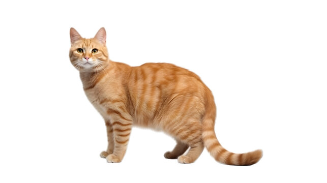 side view of a orange colour ginger cat stands against transparent background, looking at the camera. 