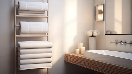 Fototapeta na wymiar Hotel Bathroom Rack with Neatly Folded White Towels