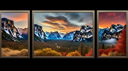 Three pictures of the mountains in the Ukrainian Carpathians. The picture was taken on a black background.