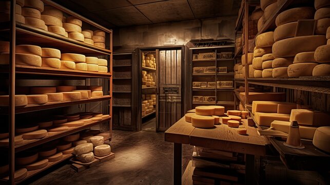 Cheese Factory Basement with Ripening Cheese Wheels