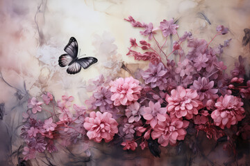 Motyl latający nad bukietem różowych kwiatów. 