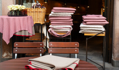 seat cushion and interior of a restaurant