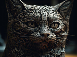 Close up portrait of a cat with oriental ornament woodcarving elements background