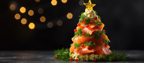 Festive Xmas snack Canape with smoked salmon cream cheese dill horseradish pate and red caviar