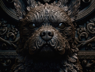 Close up portrait of a dog with oriental ornament woodcarving elements background