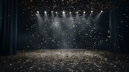 Anthracite Confetti rains on an empty Stage with beautiful Lighting. Festive Template for Holidays and Celebrations