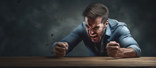 Man forcefully strikes table in anger demonstrating impatience and emotional outburst - obrazy, fototapety, plakaty