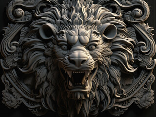 Close up portrait of a lion with oriental ornament woodcarving elements background