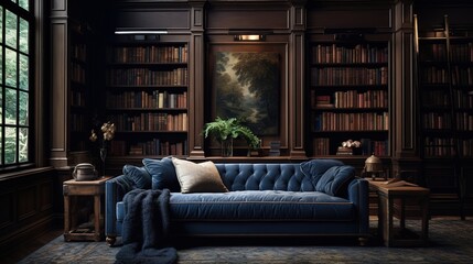 Modern home and office interior design with elegant upholstered furniture and library - obrazy, fototapety, plakaty