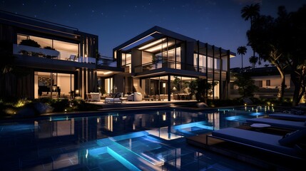 Fototapeta na wymiar Luxury modern house with swimming pool at night. Panorama.