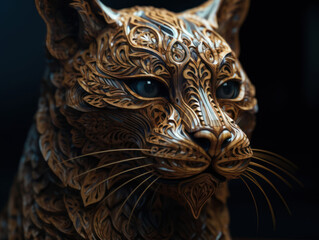 Close up portrait of a lynx with oriental ornament woodcarving elements background