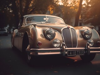 Vintage car in the city at sunset. Retro car in the city.