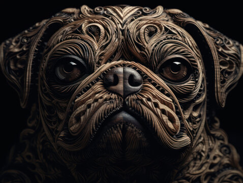 Close up portrait of a pug with oriental ornament woodcarving elements background