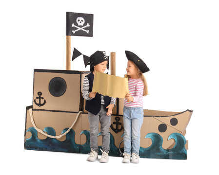 Cute Little Pirates Playing With Treasure Map On White Background