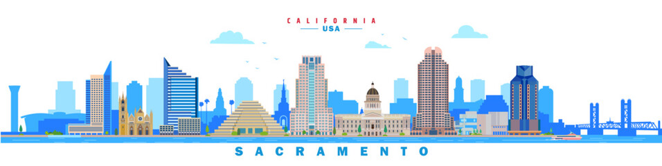 Sacramento city landmarks vector illustration on white background, California, USA