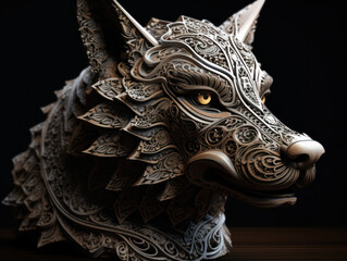 Close up portrait of a wolf with oriental ornament woodcarving elements background