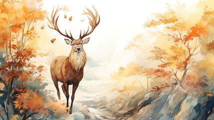 A leos antlered deer stands at the edge of the forest. Watercolor autumn illustration.
