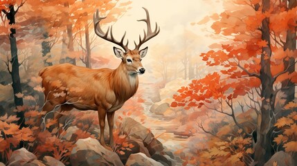 A leos antlered deer stands at the edge of the forest. Watercolor autumn illustration.