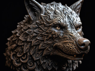Close up portrait of a wolf with oriental ornament woodcarving elements background