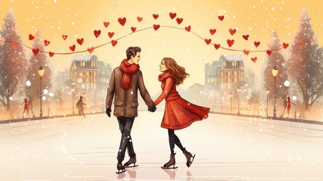 Young couple in love holding hands on the ice skating decorated with flying hearts