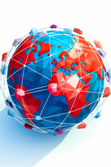 Blue and red globe with network of red and blue squares.