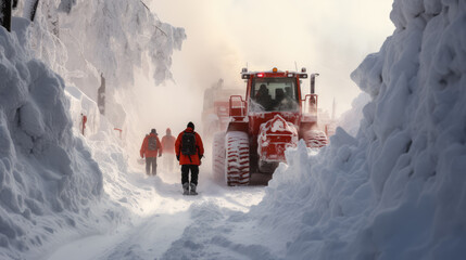 snowplow  to clear snow on the road during a snowstorm - obrazy, fototapety, plakaty