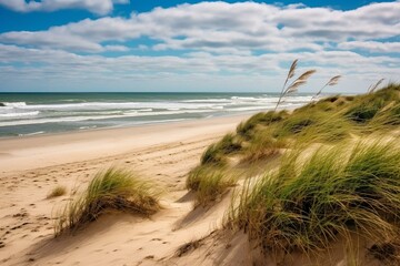 Fototapeta na wymiar Beautiful coastal landscape with blue skies, sandy beach, and distant horizon. Generative AI